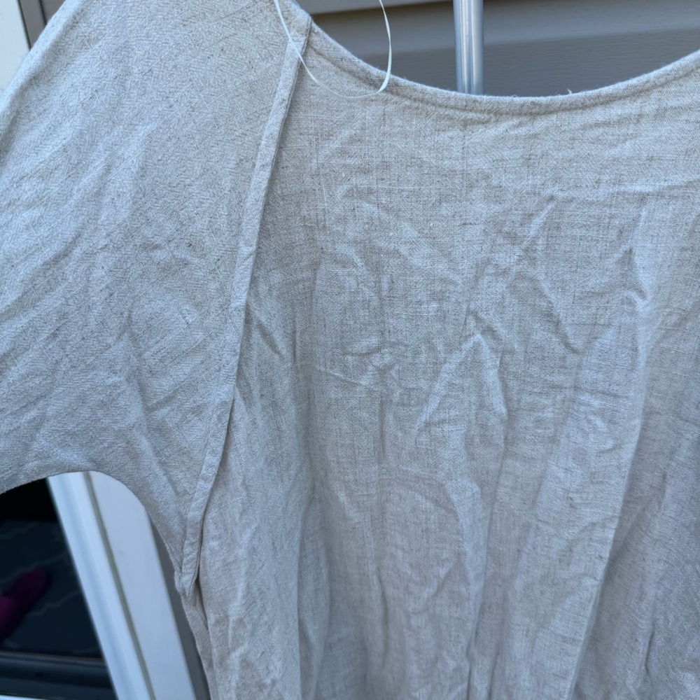 Umgee Boho Fringe Oatmeal Linen Blend Bell Sleeve Blouse, Size Small - Picture 4 of 6